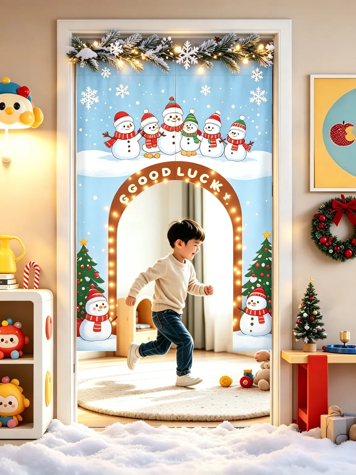 VIKAMA Santa Sleigh Moon Arched Half Door Curtain Christmas Kids Room Bedroom Cotton Linen Short Curtain Privacy Home Decor