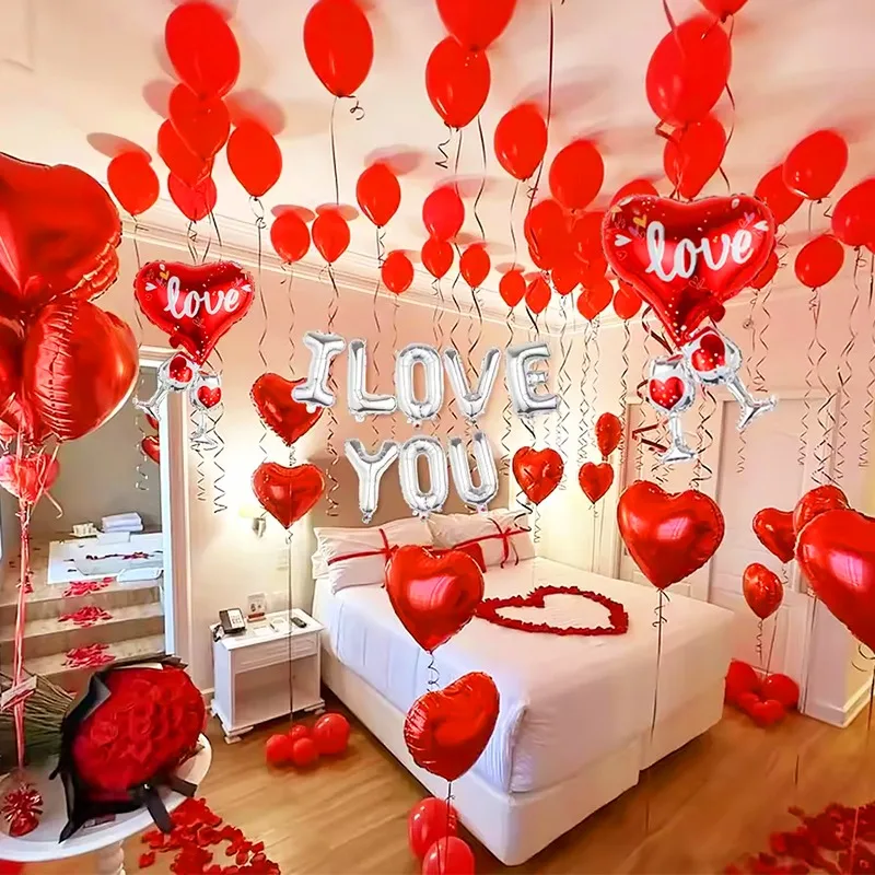 244PCS Valentine's Day I Love You Red Heart Shaped Balloon Rose Petals Balloons Set for Engagement Wedding Party Romantic Decor