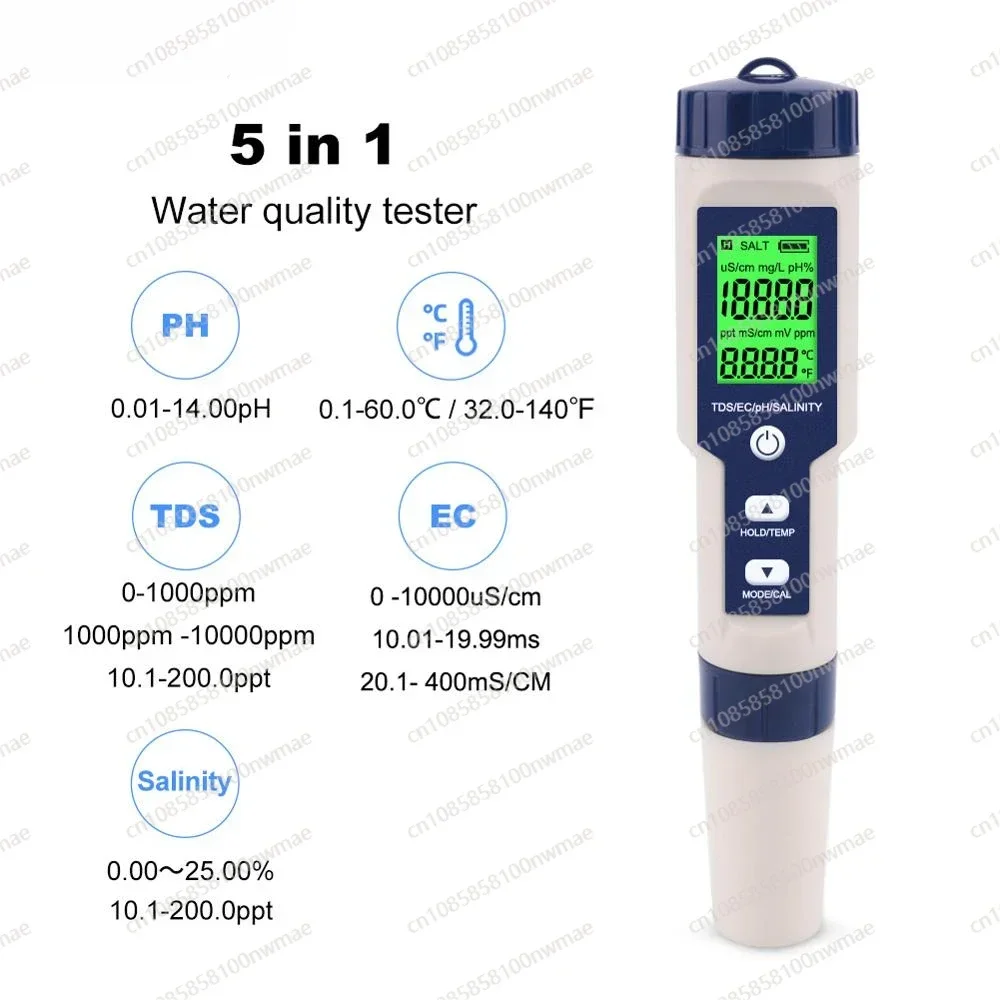 5 In 1 TDS/EC/PH/Salinity/Temperature Meter Digital Water Quality Monitor Tester For Pools, Drinking Water, Aquariums