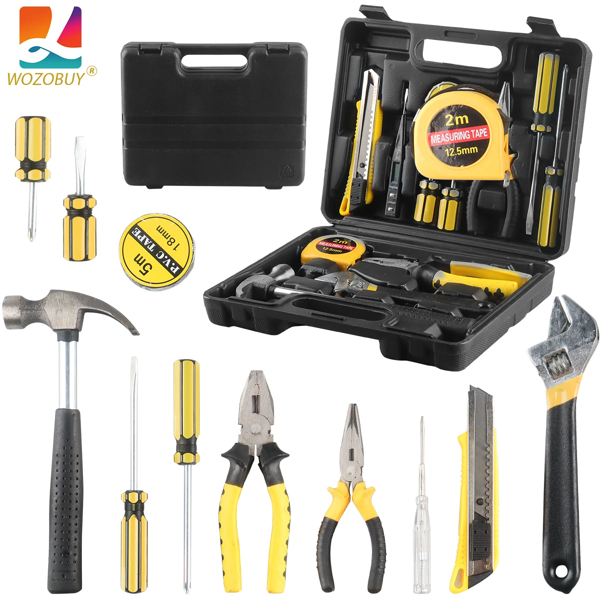 Household hand Tools Set General House hold Hand Tool Kit with Plastic Toolbox Storage Case Used to Car repair And home Repair