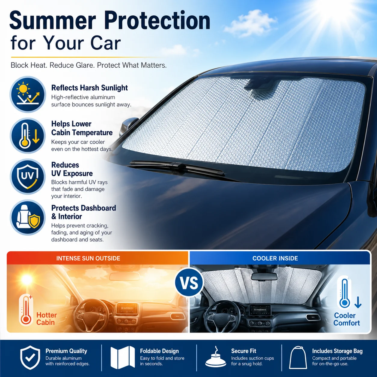 Car Windshield Sun Shade, Laser Reflective Heat Blocking Sun Visor, UV Protection Sunshade for SUV Sedan Truck