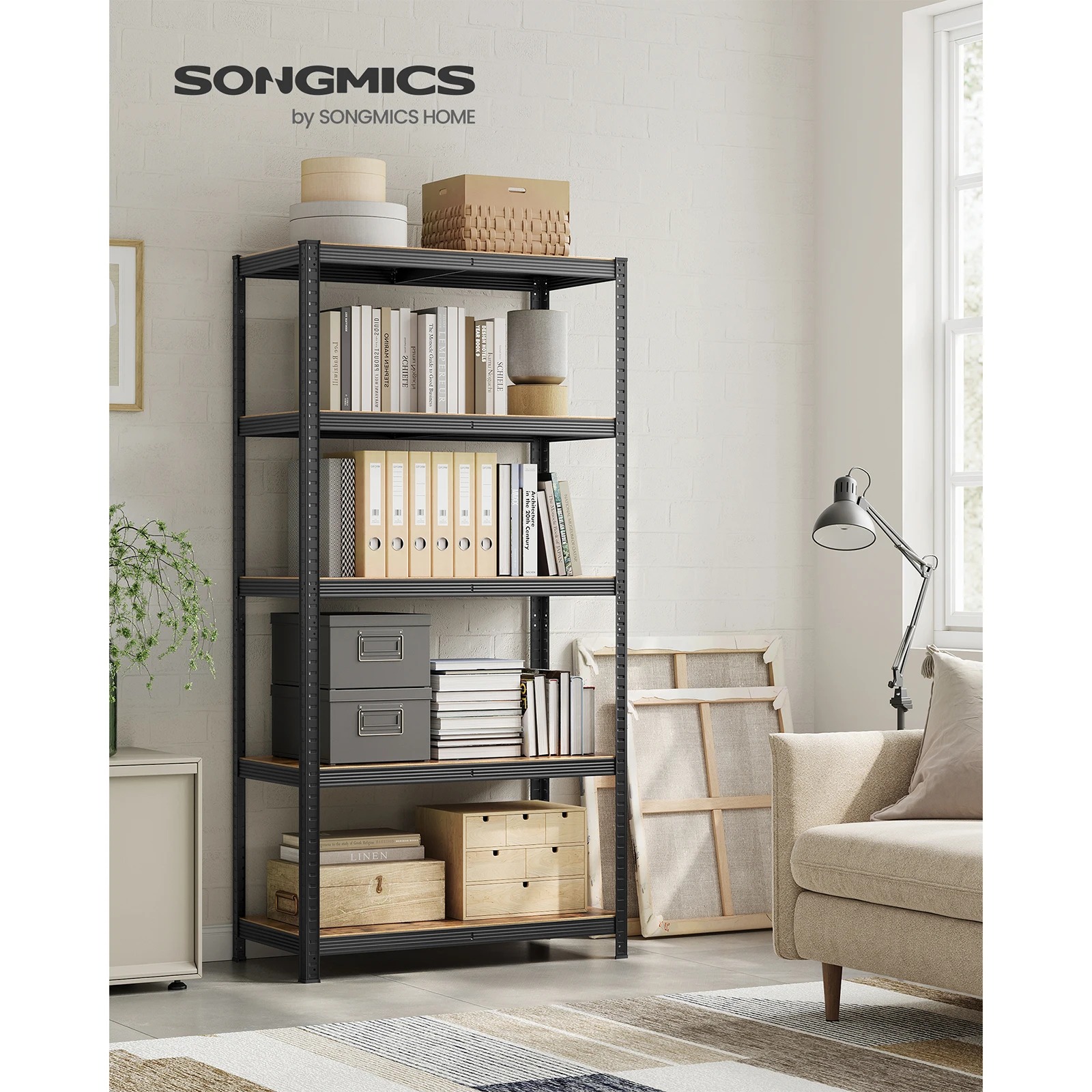 SONGMICS Shelving Unit, 750 kg Load Capacity (150 kg per Shelf), Adjustable Storage Shelves, for Living Room, Kitchen, Garage