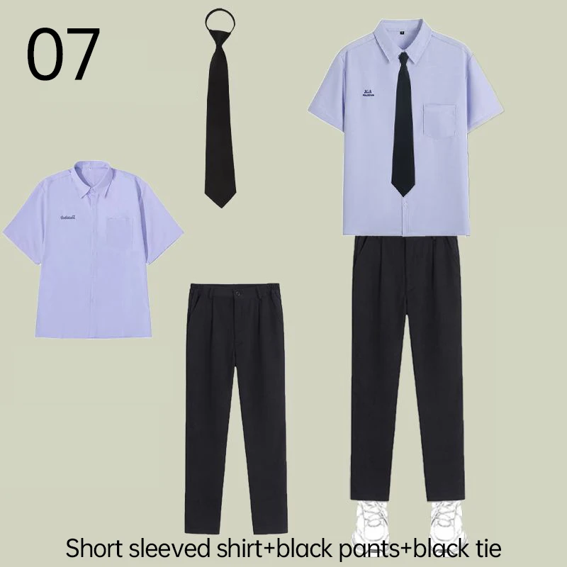 Men/Women JK Uniform Thai Style School Uniforms Short Sleeve White Shirt/Light Purple Shirt Preppy Style Pleated Skirt w/bow Tie