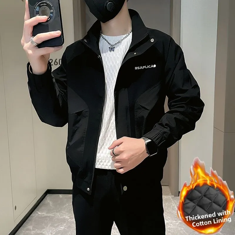 

Men's Casual Embroidered Cotton Jaet ort Thiened Autumn Winter Faion Brand Street Sle Youth Polyester Fiber Jaet