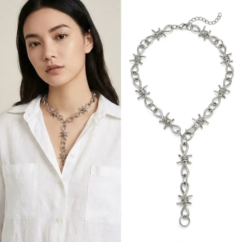 Silver Barbed Wire Choker Metal Chain Adjustable Goth Choker Accessory Vintage Punk Aesthetic Punk Choker Necklace