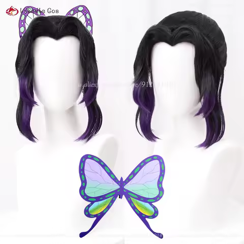 Anime Kochou Shinobu Cosplay Wig 35cm Black Purple Ponytail Heat Resistant Synthetic Hair Women Halloween Wigs + Wig Cap