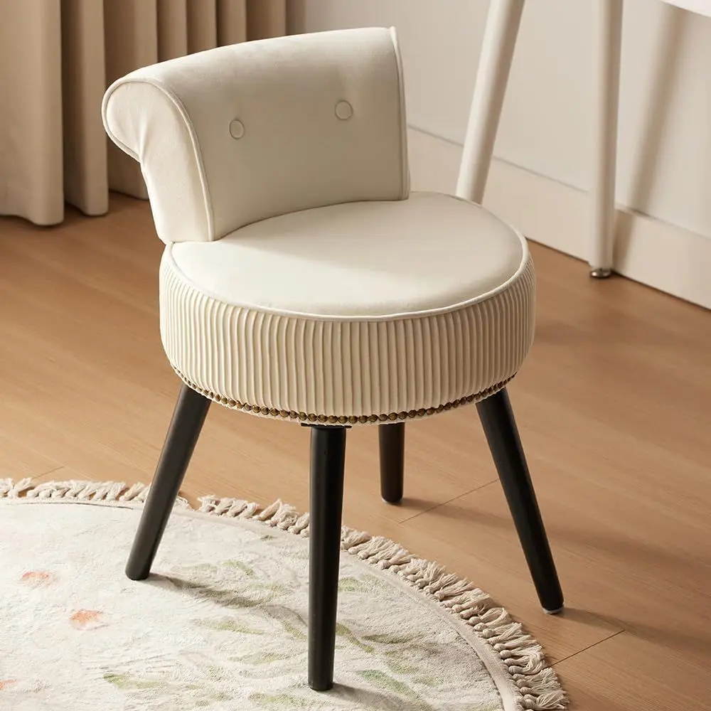 Small White Velvet Vanity Stool with Back - Vanity Chair with Low Back Tuted Accent Stool Makeup Chair or Small Vanity Bedroom B view 6