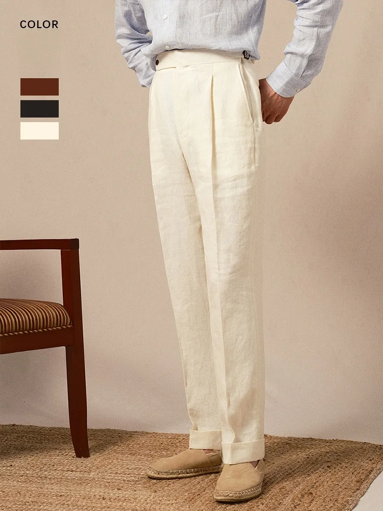 

Мужские льняные брюки Cultum с высокой талией, весна-лето, легкие, дышащие, прямого кроя, повседневный деловой стиль, однотонные