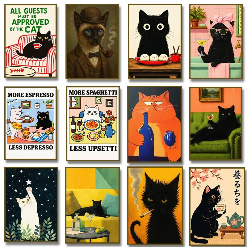 1pc frameless  More Spaghetti, Less Upsetti Black Cat with Cocktail Smoking Poster Canvas Painting Print Wall Art for Living Roo