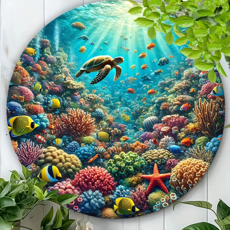 Round Metal Wall Art - Decorative Piece Featuring Sea Turtles and Coral Reef Marine Life, Frameless Nautical Metal Plaque, Suitable for Home Decor, Ocean-Themed Diving