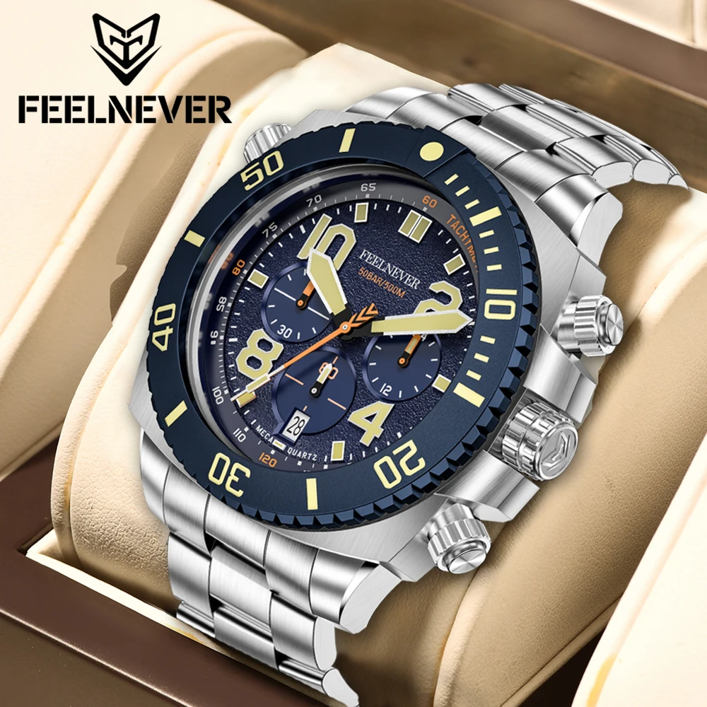 FeelNever Sport Dive Quartz Watch For Men 316L Stainless Steel Sapphire Big Dial Mens Watches 500M Waterproof Clock Reloj Hombre