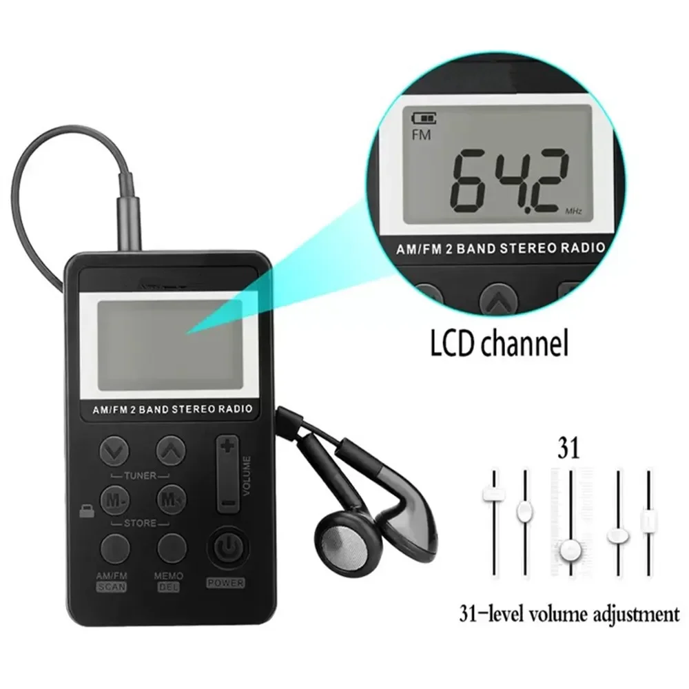 Portable Mini AM/FM Band Radios Pocket Broadcast Digital Display LCD Screen Stereo Lithium Battery Charge AUX Headphone Output