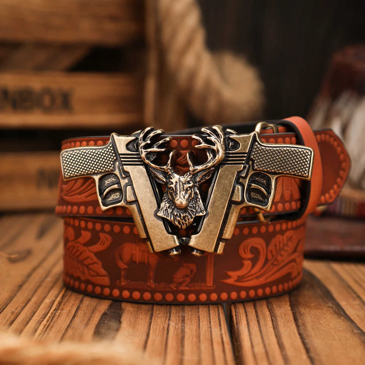 Ein PU-Gürtel im Western-Stil, geeignet für Männer und Frauen, ein einzigartiger Retro-Gürtel in Dunkelbraun (mit perforierten Nieten) – Detail 4