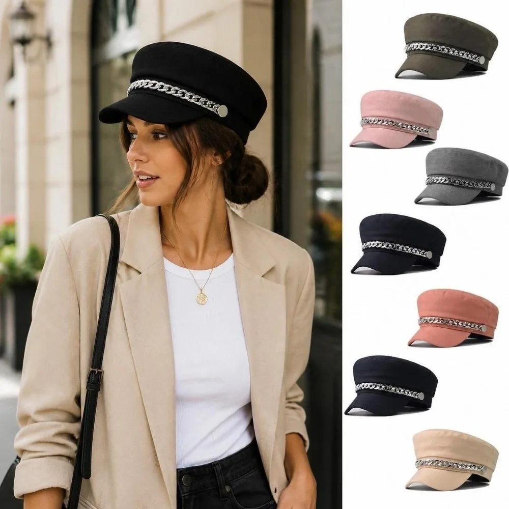 Vintage Rhinestone Chain Decor Newsboy Cap Vintage Twill Fabric Short Brim Beret Hat Flat Top Short Brim Hat Daily Street Wear