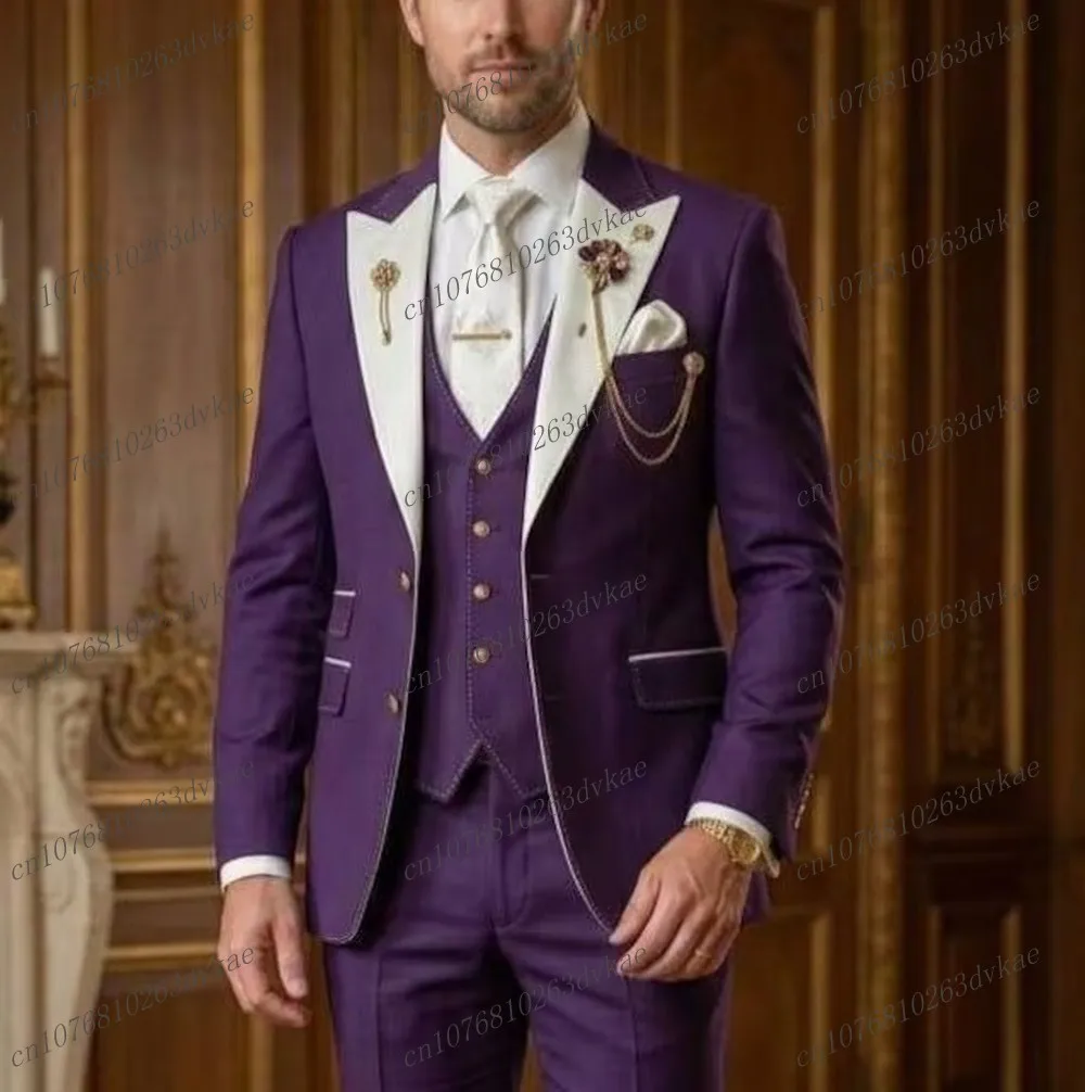 

White Collar Purple New Formal Men Suit Wedding Party Groom Groomsman Prom Business Male Tuxedos 3 Piece Set Jacket Vest Pants
