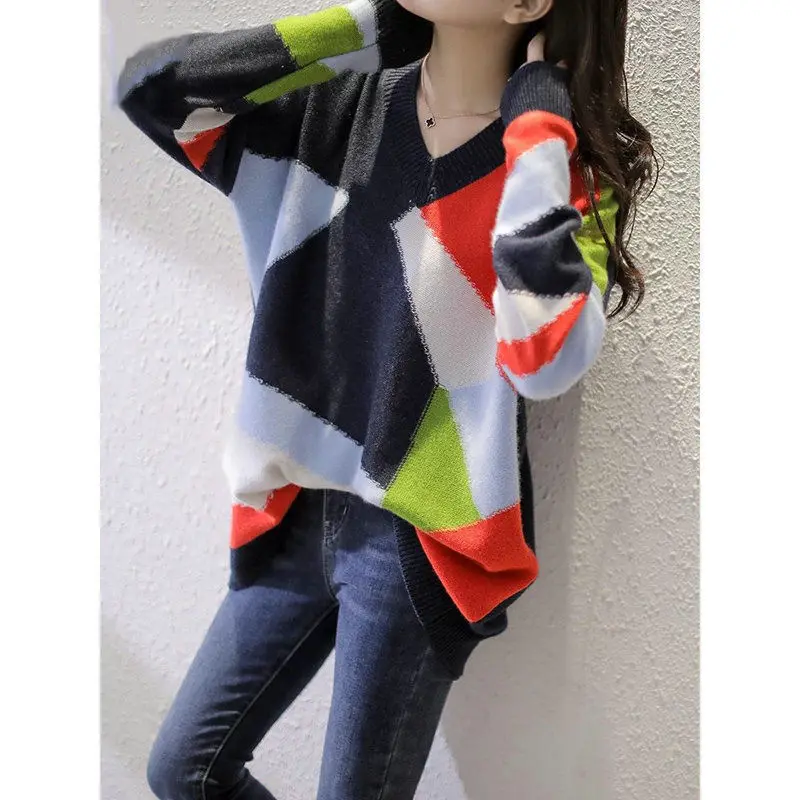 Fashion Loose Color Blocking Midi Sweaters Women\'s Clothing Korean Autumn Winter V-Neck Casual Long Sleeve Knitted Pullovers