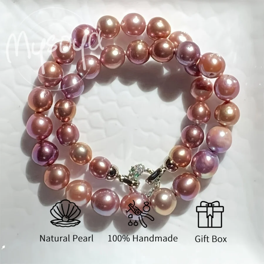 

Mysoya Large Edison Pearl Necklace Deep Purple Purple Pink Freshwater Pearls with White Golden Plated Snake Clasp 10-12mm Pearls