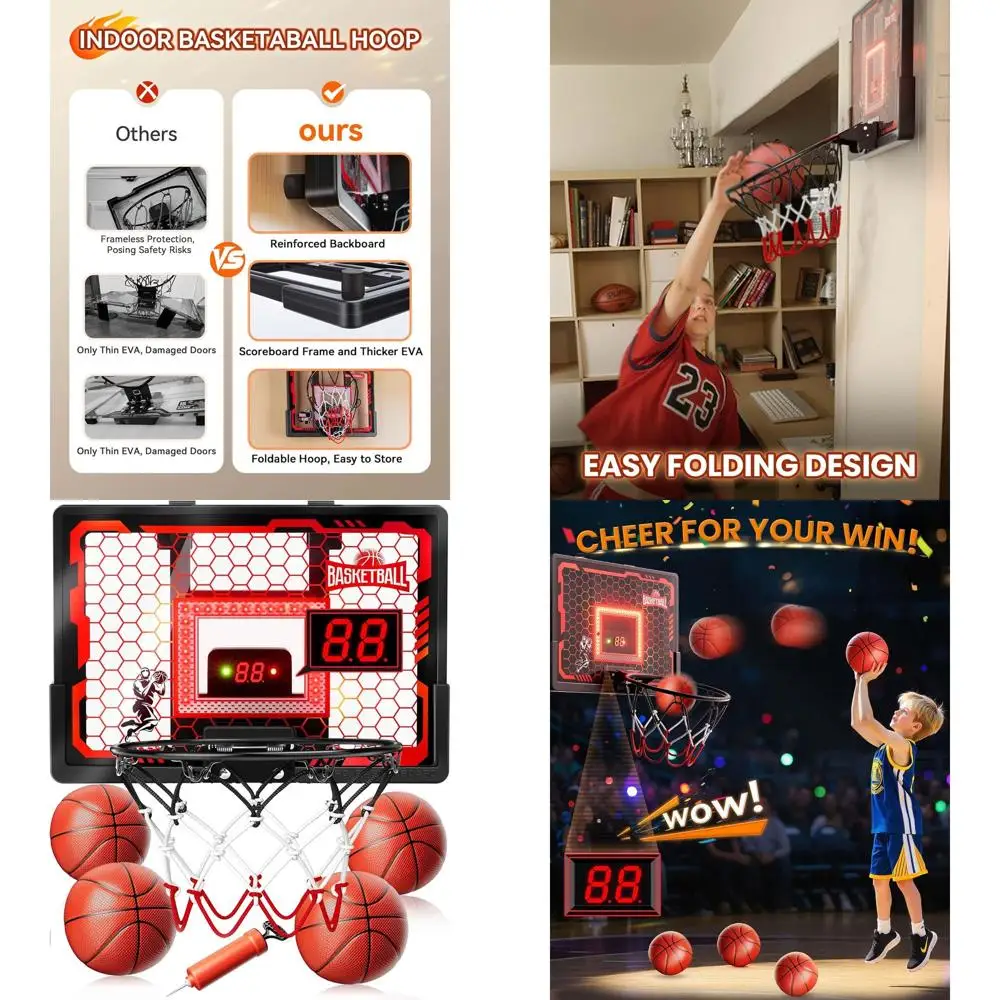 

Набор для игры в баскетбол в помещении с LED-табло для детей 6-12 лет, прочная доска и 4 мяча