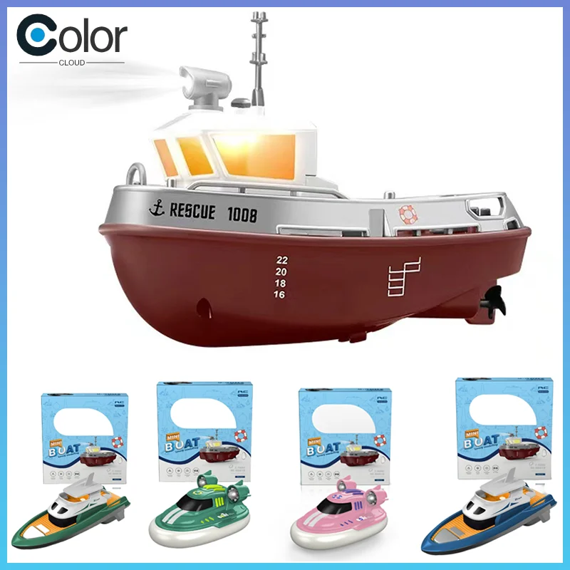 1/32 Rc Boat With Lights Powerful Dual Motor 2.4g Long Range Wireless Remote Controlled Tugboat Model Toy For Boy Girl Gifts