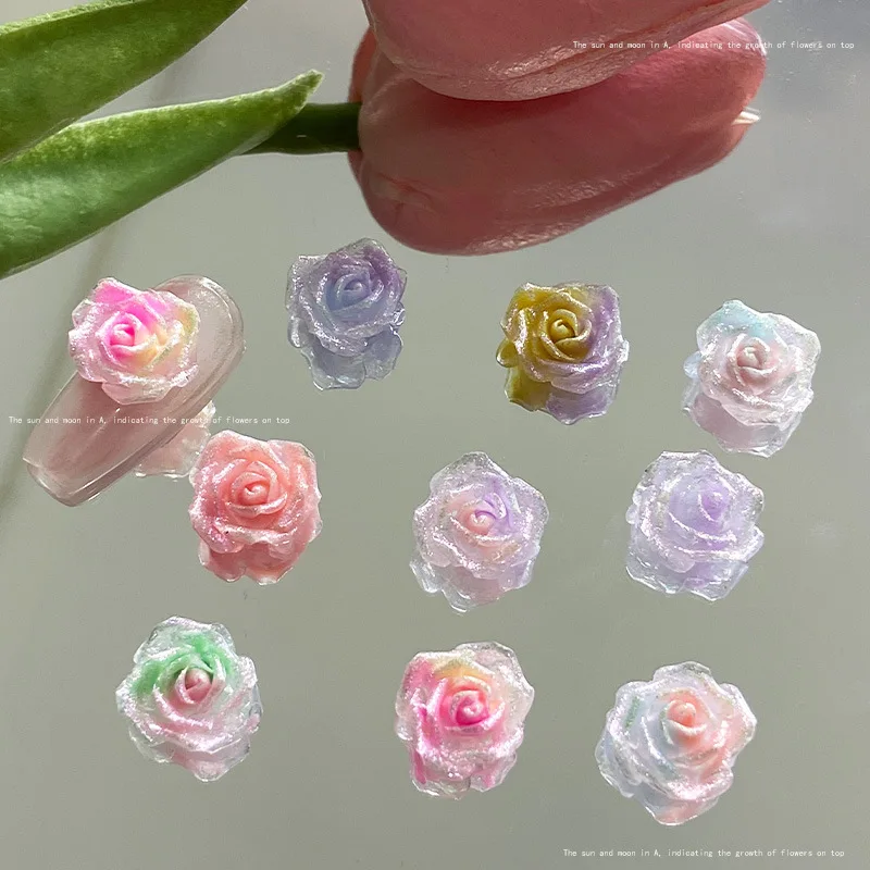 10PCS Mix Ice Transparent Smudged Rose Nail Art Accessories Luminous Rose Resin Designer Charms For Nails DIY Nail Decorations