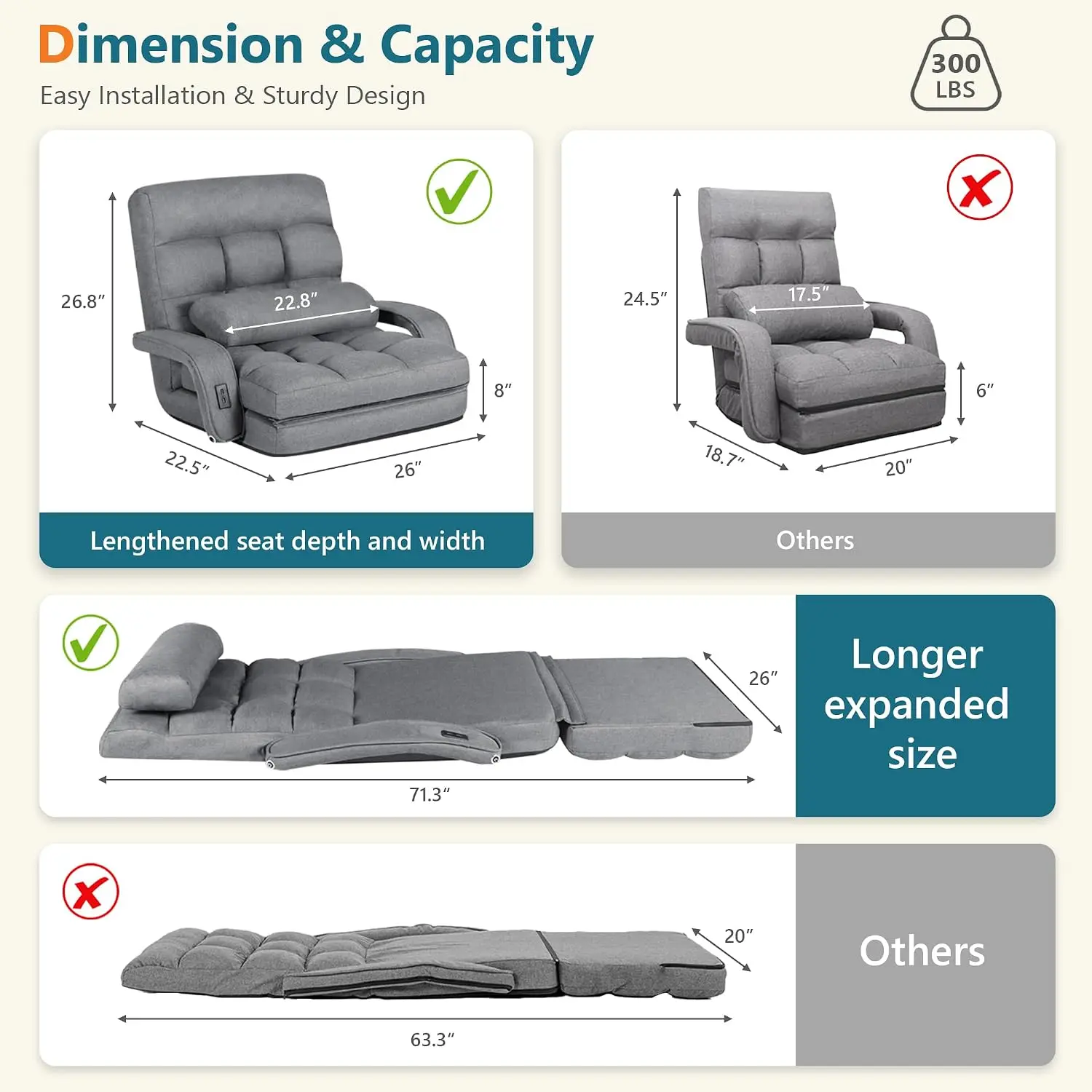 2 USB Charging Ports Floor Chair with Adjustable Backrest 90°–180° 5-Position Recline Gaming Sofa Chair