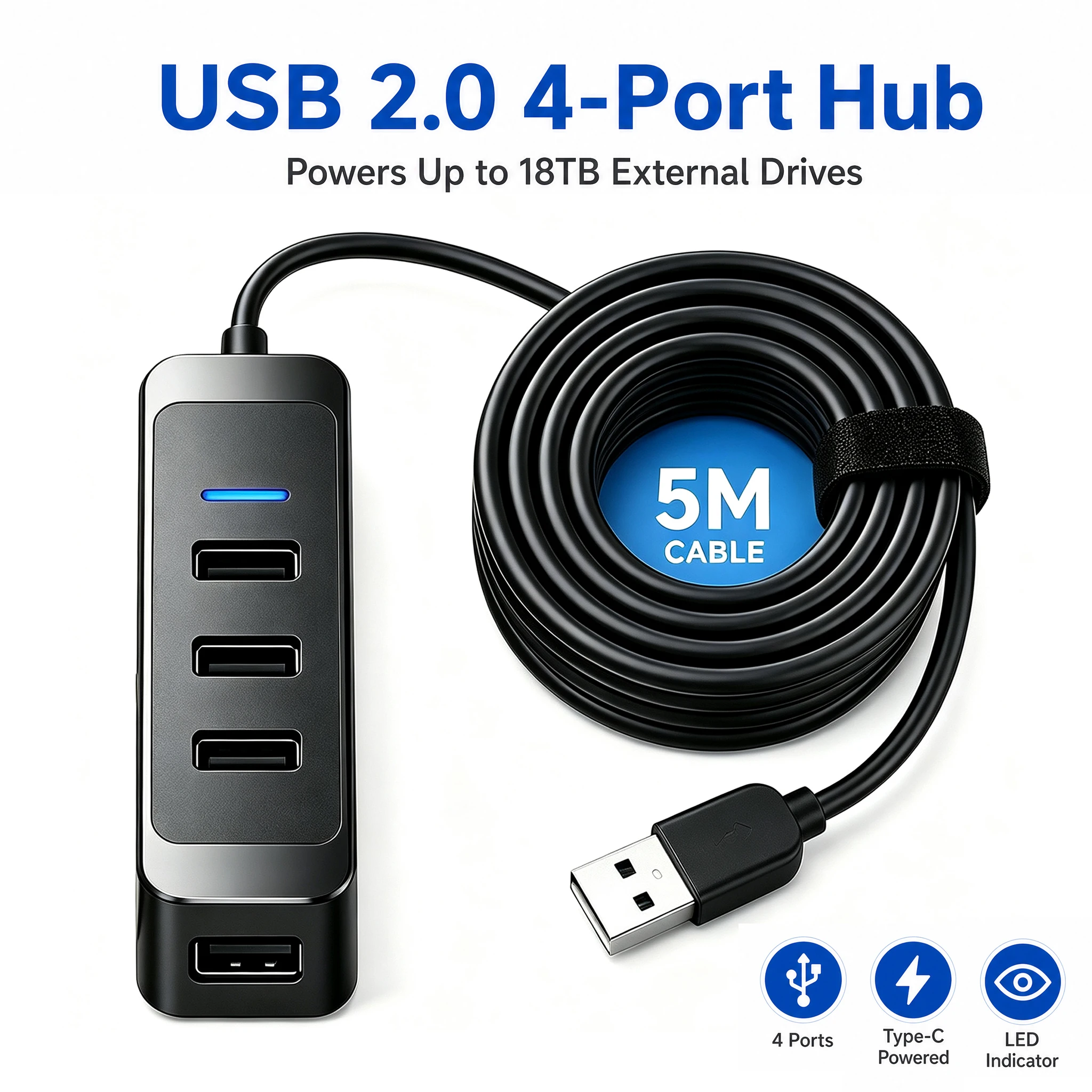 4 Port USB 2.0 Hub 5V 2A Powered USB Splitter 1M 3M 5M 10M 15M Long Cable Multi USB Port Extender for Laptop External Hard Drive