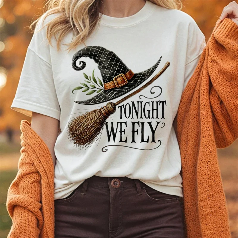 

Witch Hat Broom Pattern Cartoon Autumn Women's T-Shirt Printed Round Neck White Regular Top Thanksgiving Women's Printed T-Shirt