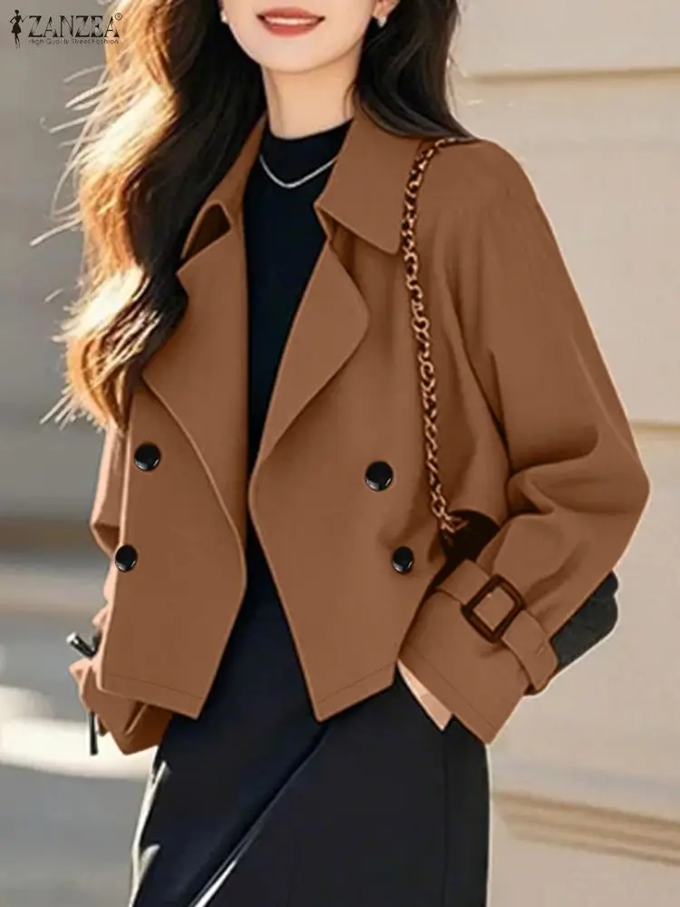 

ZANZEA FW 2025 Women Short Jackets Elegant Lepel Neck Long Sleeve Double-Breasted Solid Color Trench Coats Woman Fashion Clothes