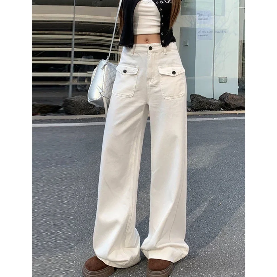 

Женские джинсы Y2k Джинсы Белый клапан с карманами Широкая нога Высокая талия Свободный крой Повседневные брюки-карго с прямыми штанинами Осень Новый стиль