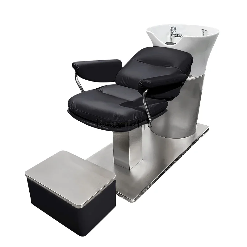 

Fashion salon barber shop ceramic deep basin shampoo bed stainless steel semi-lying flush bed