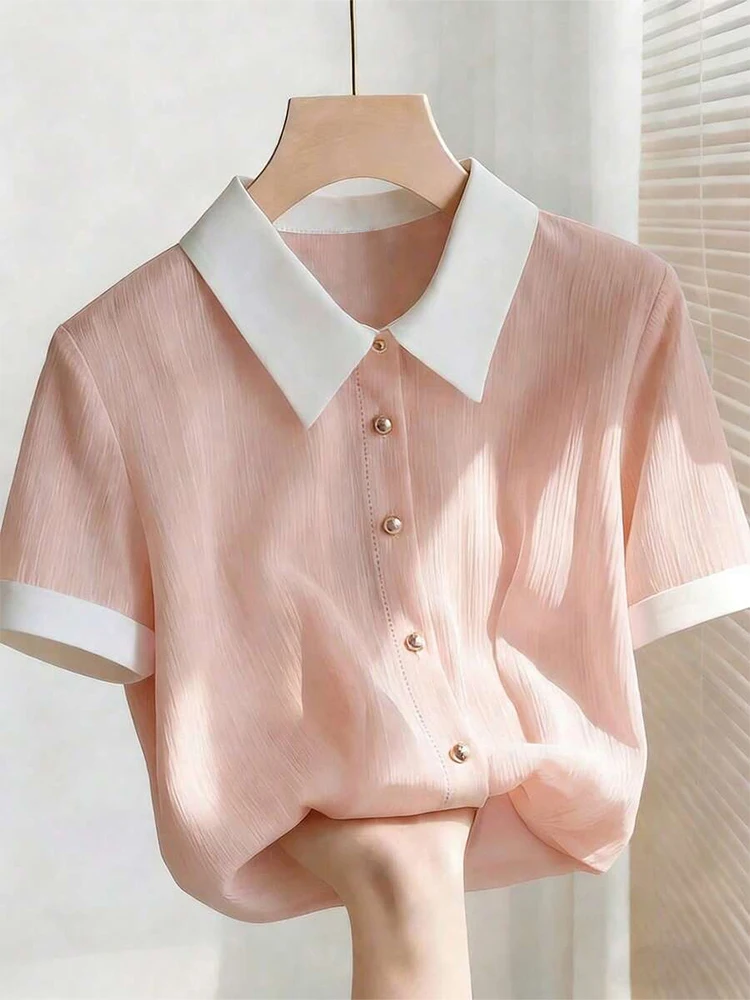 

Summer New Women Short Sleeve Chiffon Blouse Elegant Contrast Collar Pearl Button Office Casual Textured Female Fashion Tops