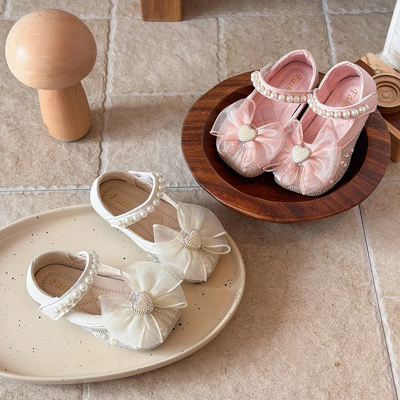 Girls Pearls Princess Shoes Sweet Heart Children Flats Ballet Dress Shoes Soft Sole Kids Leather Shoes for Party Wedding