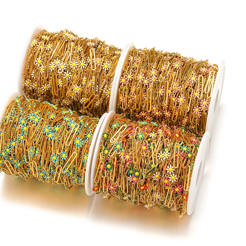 1 Meter Stainless Steel Enamel Flowers Long Buckle Gold Color Flat Chains for Necklace Bracelet Findings DIY Jewelry Making