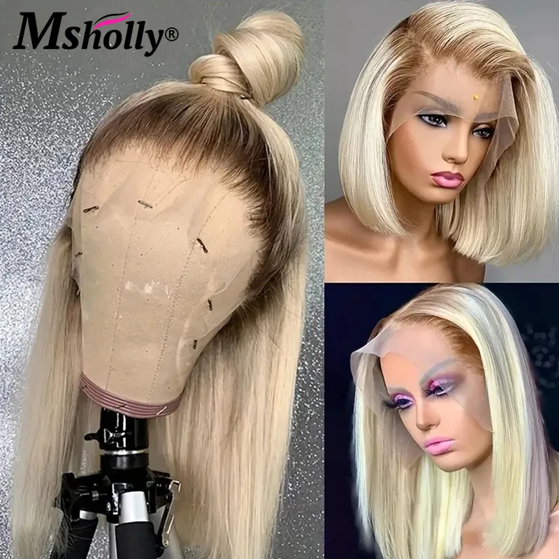 Ombre miodowa blond 613 peruka z ludzkich włosów prosta krótki Bob przezroczysta koronkowa peruka na przód Remy 4 t613 w kolorze 13x4 peruki typu Lace Front