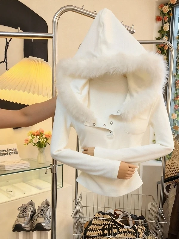

Сексуальная женская футболка с длинным рукавом и капюшоном в корейском стиле, облегающая базовая рубашка, новинка весеннего сезона, шикарный и стильный топ с меховым воротником