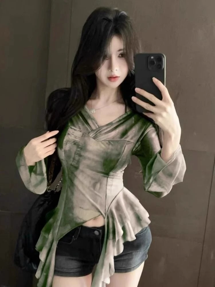 

Design Sense Irregular Ruffle Printed Semi Sheer Slim Fit T Shirt French Style Women Summer Hot Girl Niche Top