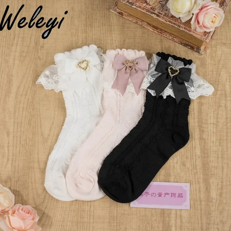 

Japanese Lolita Lace Cotton Socks Sweet Girls Mine Series Mass Production Jk Cute Girl Love Dark Pattern Bow Socks Female 2024