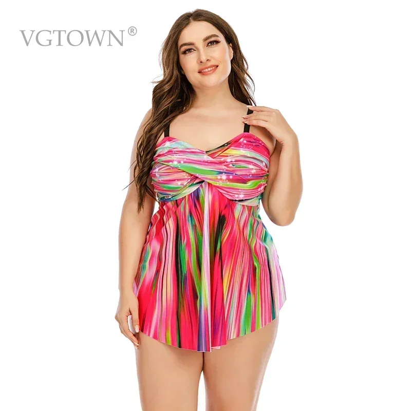 2026 New Colorful Strip Super Large Size 8XL 10XL Two Piece Tankini Swimsuit Women Retro Swimwear  Ladies Dress