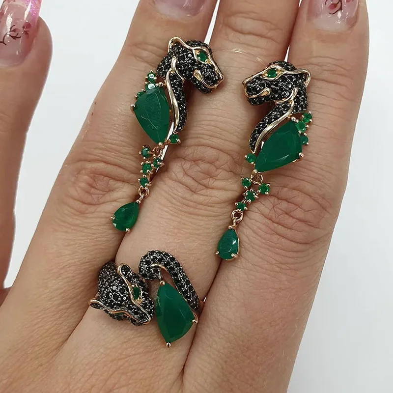3pcs Women Luxury Leaf Animal Crystal Ring Earrings Jewelry Set Bohemian  Flower Zircon Hoop   Wedding