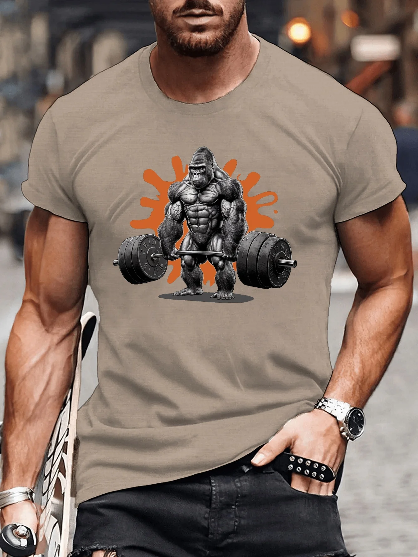 Men Short Sleeve Crew Neck T‑Shirt Weightlifting Gorilla Barbell Fitness Splash Print Gym Casual Tops