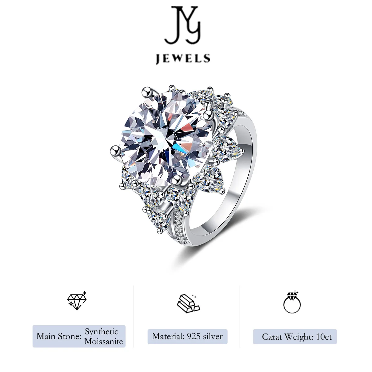 【JYJZZ194】Synthetic Moissanite S925 Sterling Silver 10 CT Sunflower Fashion Luxury Design Ring, Women Men Classic Everyday Jewel