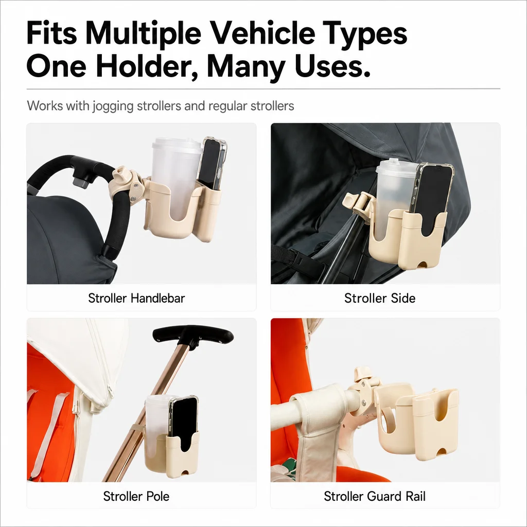 Portavasos universal 2 en 1 para cochecito con soporte para teléfono, portabotellas universal para accesorios de silla de ruedas y cochecito