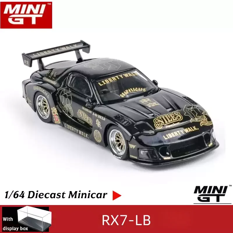 

MINIGT 1/64 Сплав 1101 # Модель спортивного автомобиля RX7-LB Black Gold Widebody, статическая коллекционная модель, украшение, праздничный подарок, игрушка