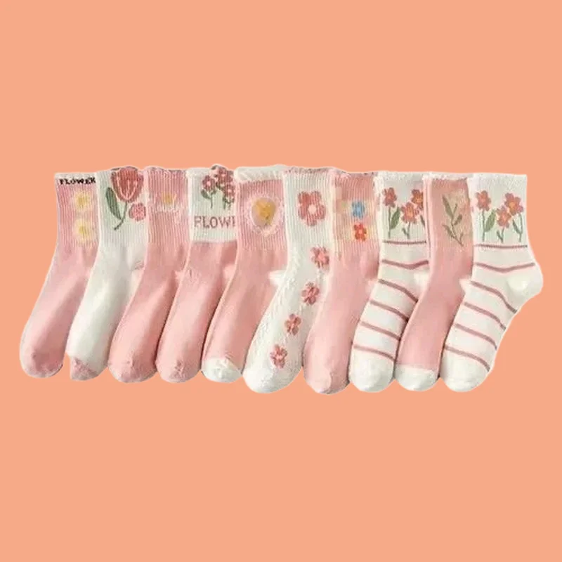 5/10 Pairs Spring Sweet Girl Lace Socks High Heel Socks Fashion Women's Cotton High Quality 2024 Women's Socks Mid Length Socks