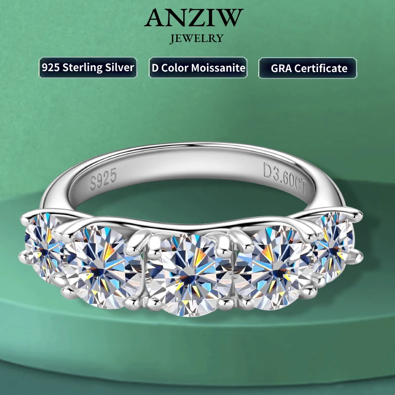 Anziw 3.60CTW All Moissanite Diamond Ring Sparking D Color 5 Stones Wedding Engagement Band For Women 925 Silver Promise Jewelry