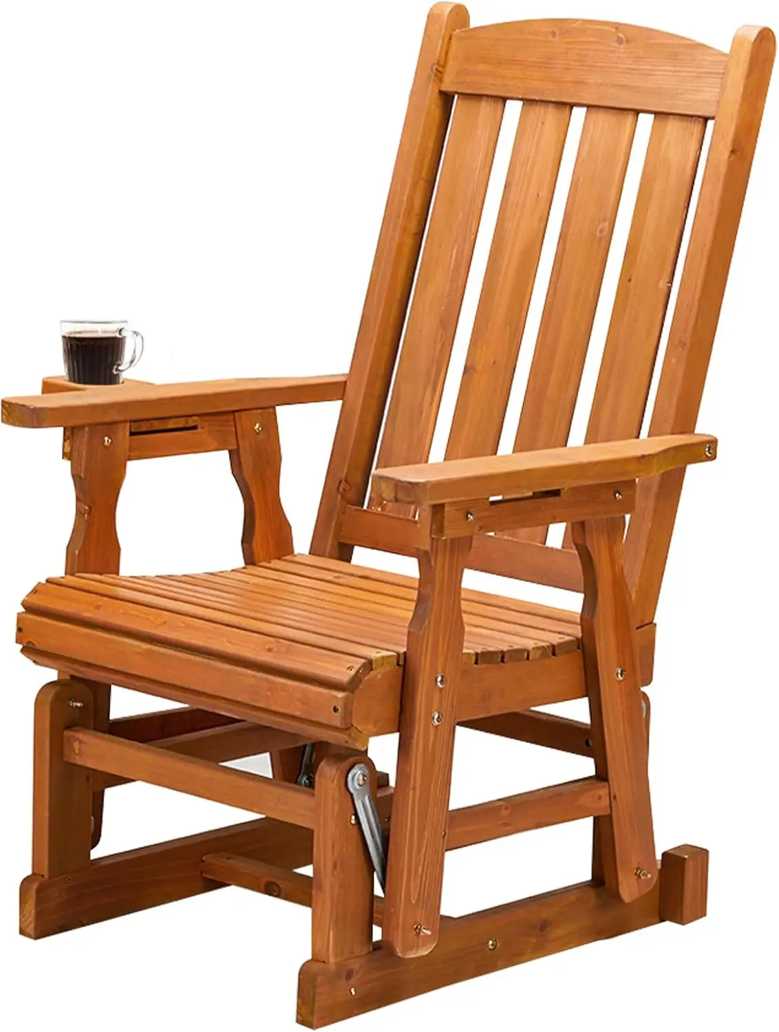 

Outdoor Glider Chair Wood Patio Glider with Cup Holder, Porch Glider with Smooth Rocking Mechanism, Heavy Duty 600 LBS