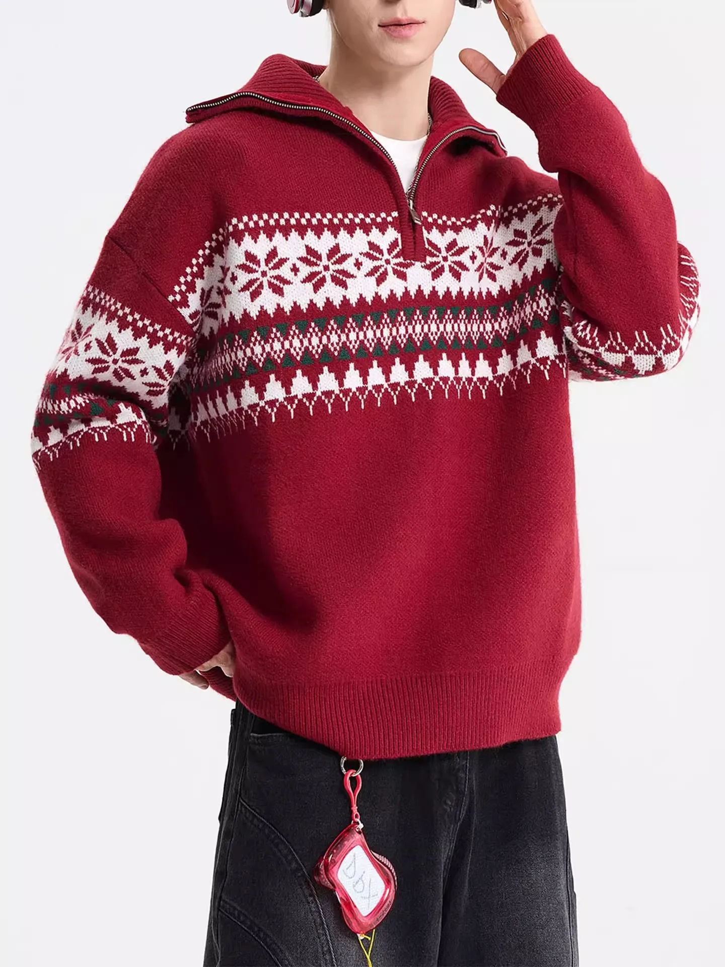 

Новый зимний мужской свитер американского стиля с высоким воротником, плотной вязки, свободного кроя, с узором Fair Isle, повседневная верхняя одежда