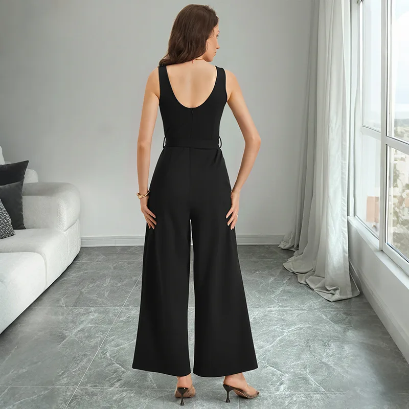 2026 Jumpsuit Women Spring Summer New Black and White Contrasting Color V-Neck Waist Cinched Sleeveless Wide Leg Rompers Female