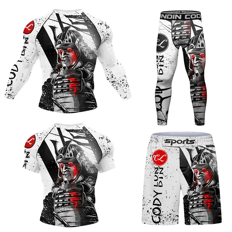 Nowa męska jiu jitsu koszulka + garnitur ze spodniami Bjj Rashguard spodenki Muay Thai dres MMA bokserski zestaw treningowy kompresyjny strój bojowy