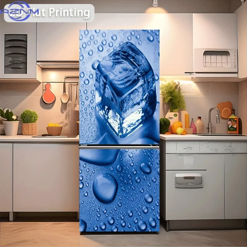 1pc 2D Flat Design Refrigerator Sticker,Ice Cubes and Water Droplets on Blue Background, Self-Adhesive Wall